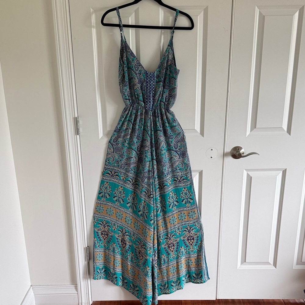 EARTHBOUND Teal & Aqua Patterned Maxi Jumpsuit